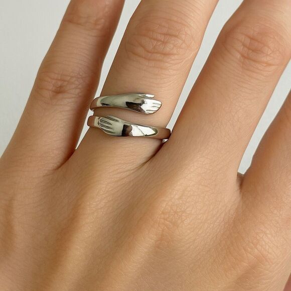 Hugging Hands Adjustable Ring Set – 2 Silver Tone Rings - Picture 3 of 7